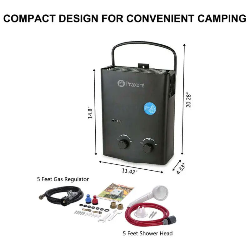 Praxore 5L 1.32 GPM Outdoor Portable Propane Tankless Water Heater - Black