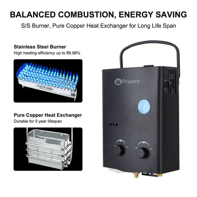 Praxore 5L 1.32 GPM Outdoor Portable Propane Tankless Water Heater - Black